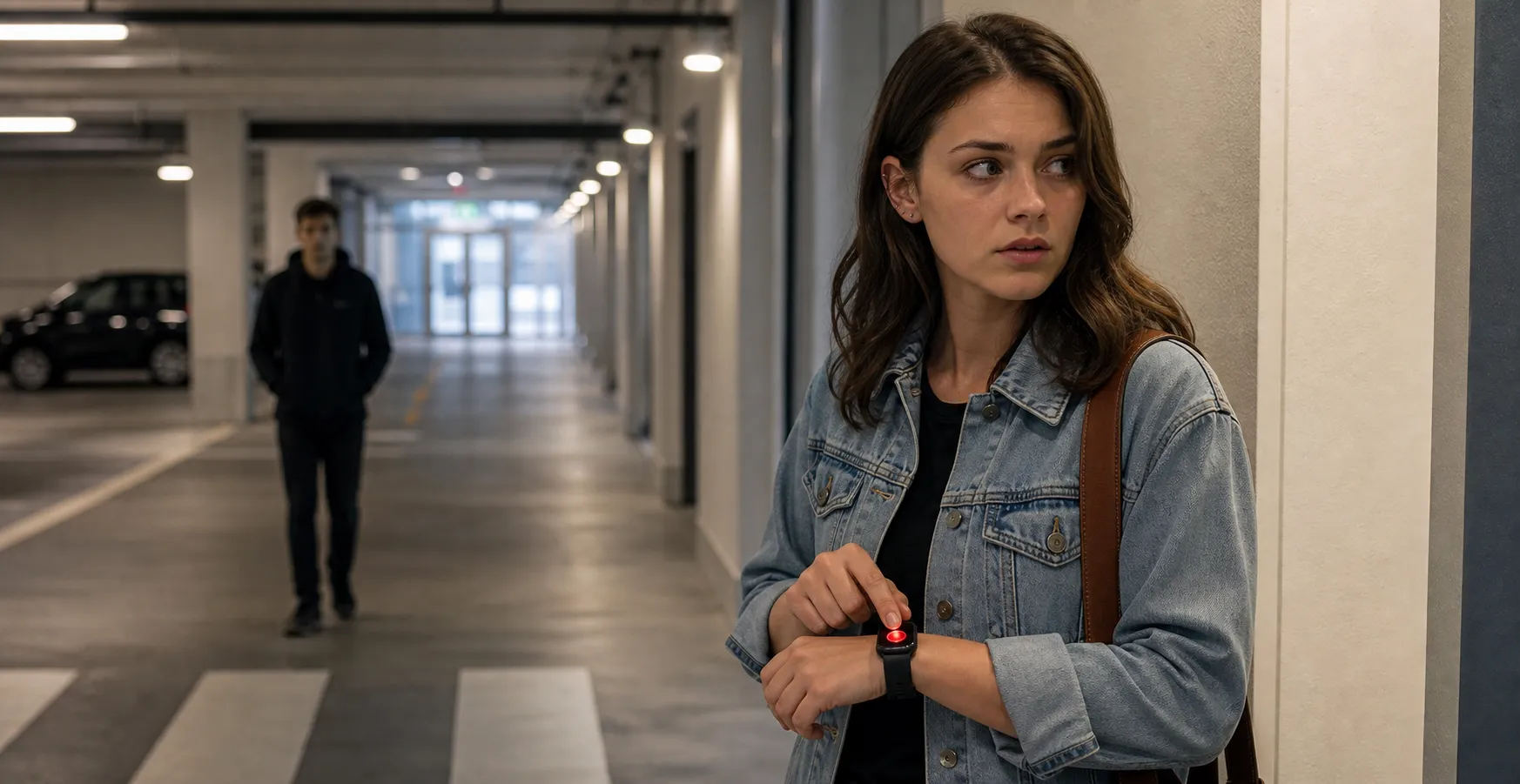 Person erkennt das Risiko eines sexuellen Übergriffs und nutzt eine Smartwatch