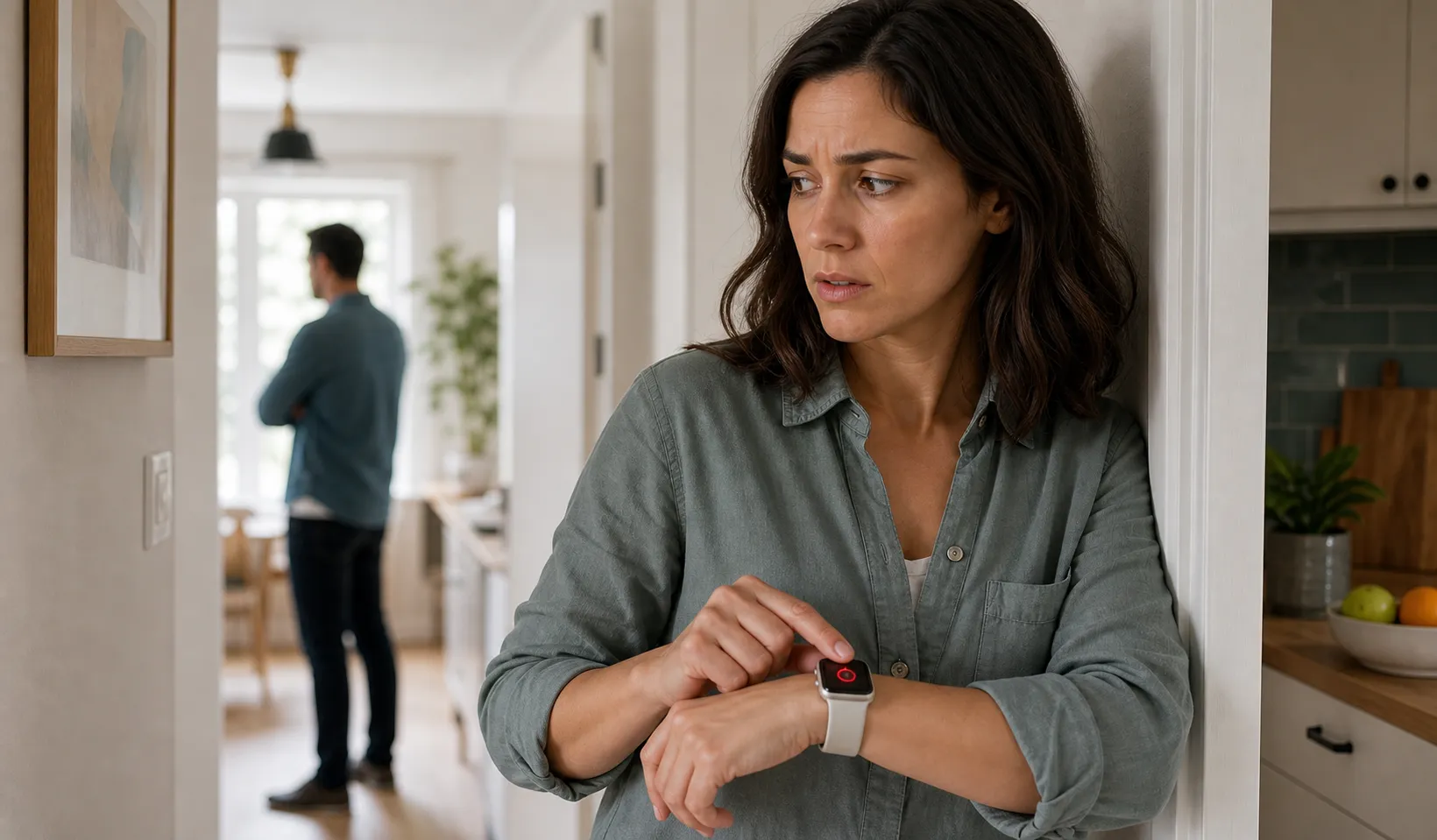 Person nutzt bei häuslicher Gewalt diskret eine Smartwatch