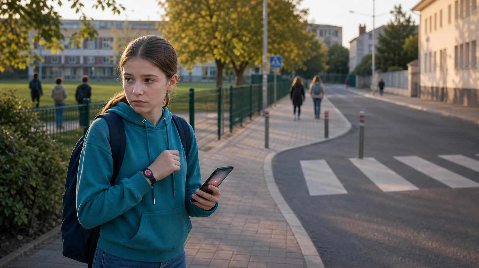 Jugendliche Person auf einem unsicheren Schulweg mit SOS-Armband